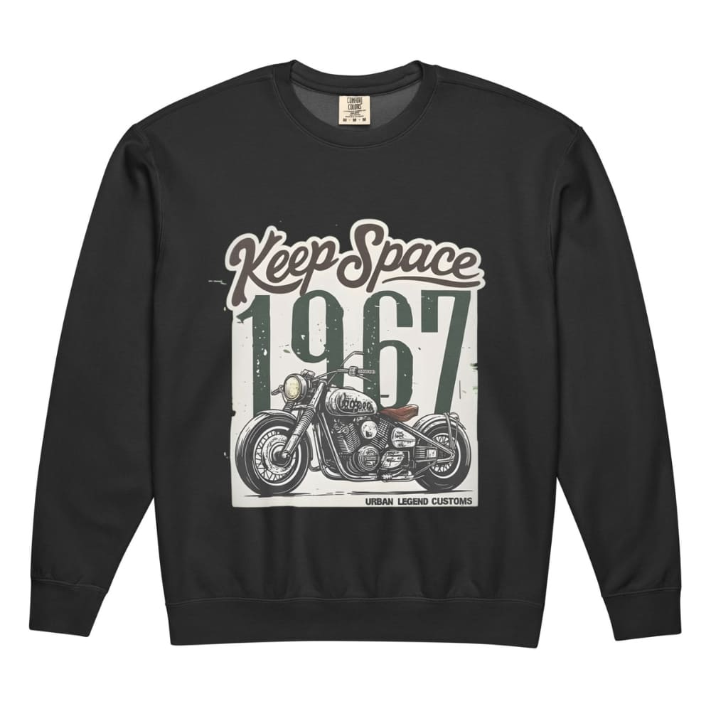 Black sweatshirt with motorcycle graphic and 'Keep Space 1967' text on a white background