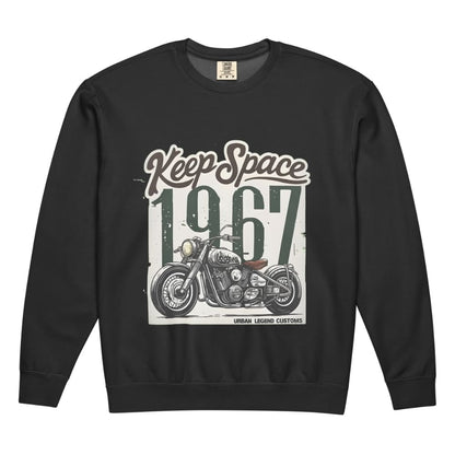 Black sweatshirt with motorcycle graphic and 'Keep Space 1967' text on a white background