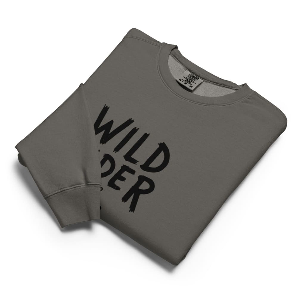 Folded gray sweatshirt with 'Wild Rider' text on a white background
