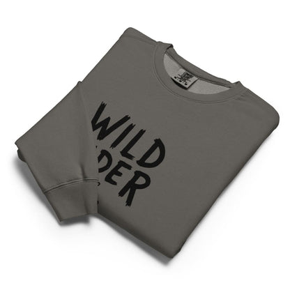 Folded gray sweatshirt with 'Wild Rider' text on a white background