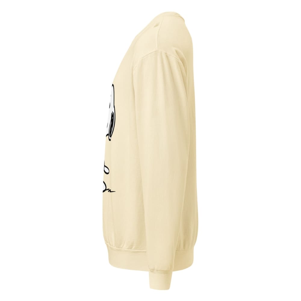 Beige sweatshirt with black text on a white background