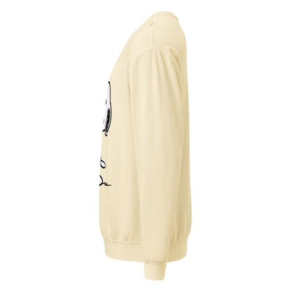 Beige sweatshirt with black text on a white background