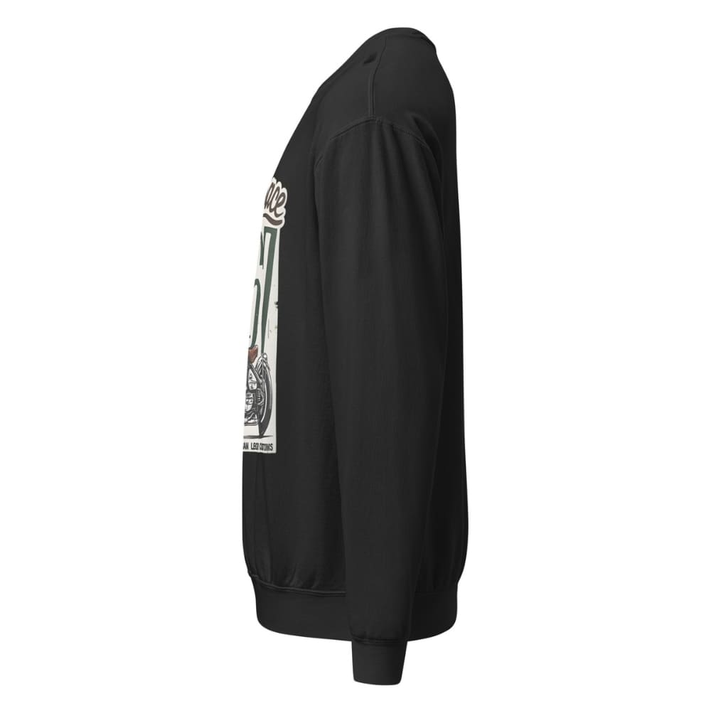 Black sweatshirt with a graphic design on the sleeve against a white background
