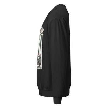 Black sweatshirt with a graphic design on the sleeve against a white background