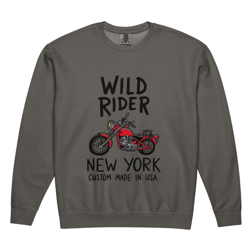 Gray sweatshirt with 'Wild Rider New York' graphic and text on a white background