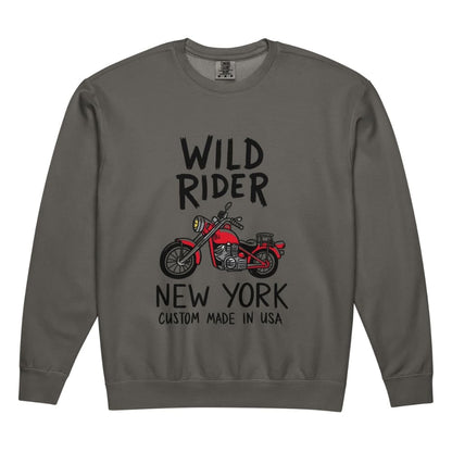 Gray sweatshirt with 'Wild Rider New York' graphic and text on a white background