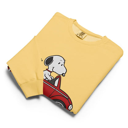 Yellow sweatshirt with a cartoon dog design on a white background
