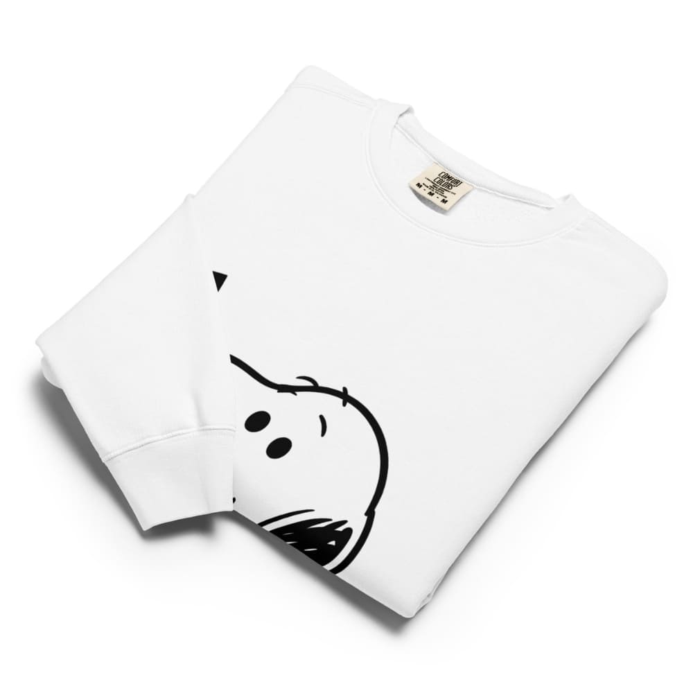 White sweatshirt with black cartoon design on a white background
