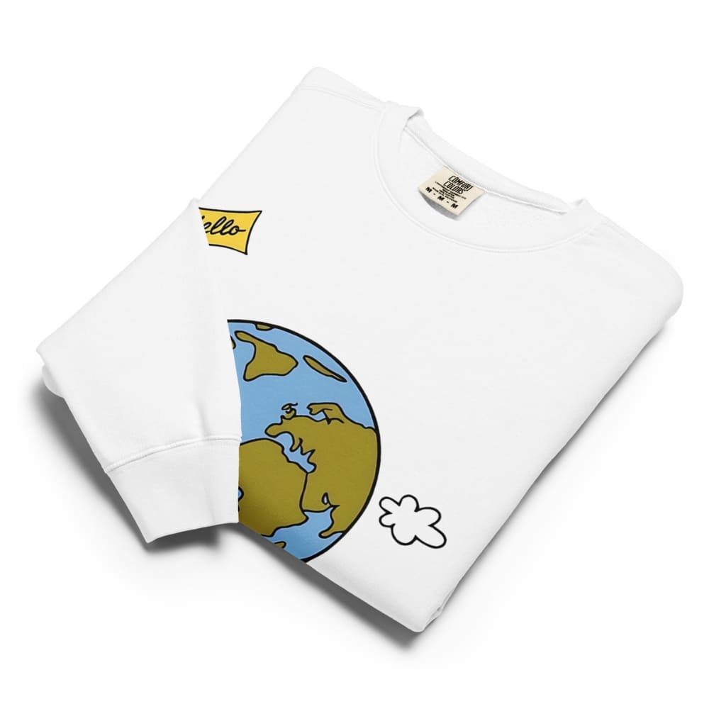 White sweatshirt with cartoon Earth design on a white background