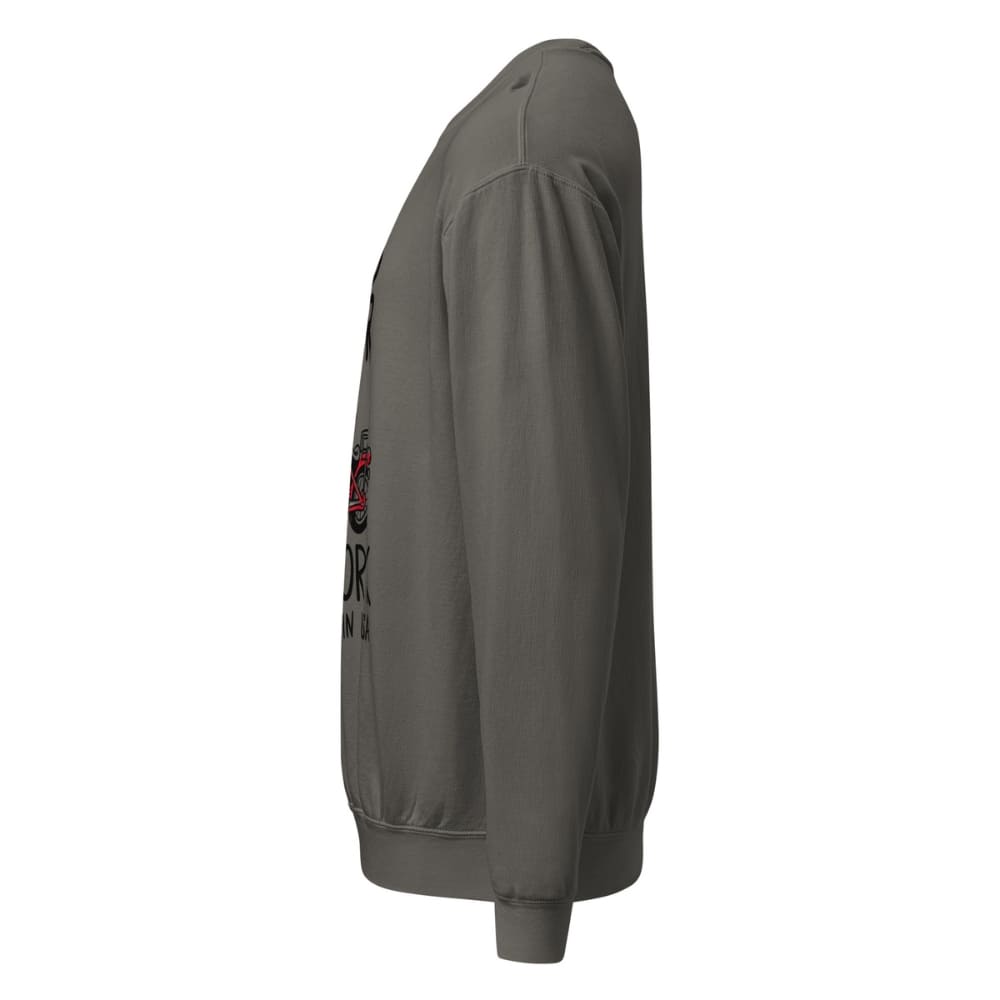 Gray sweatshirt with a logo on the sleeve against a white background