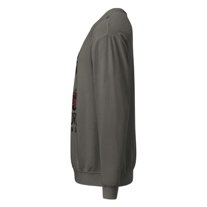 Gray sweatshirt with a logo on the sleeve against a white background