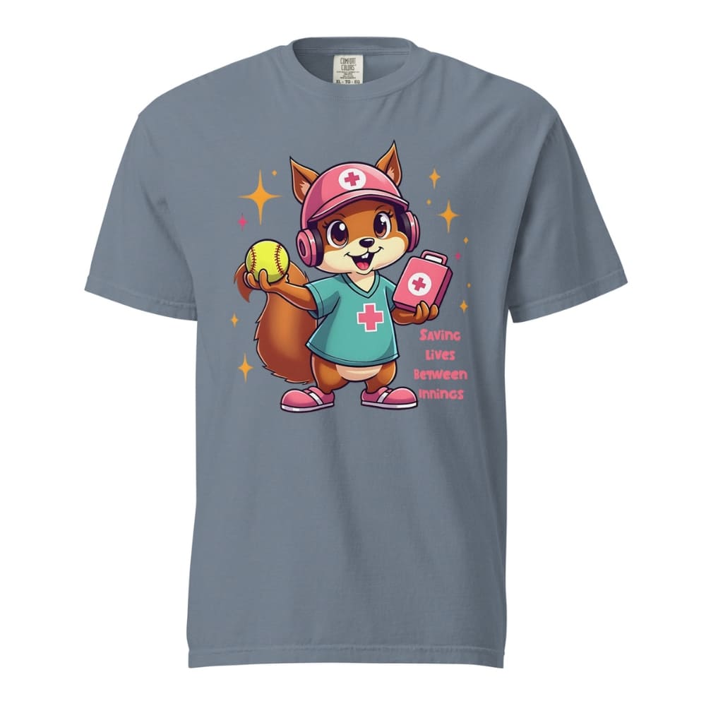 Cute squirrel nurse cartoon in scrubs, pink cap, and headset holding a softball and medical kit with the phrase “Saving Lives Between Innings” — printed on a heavyweight cotton t-shirt