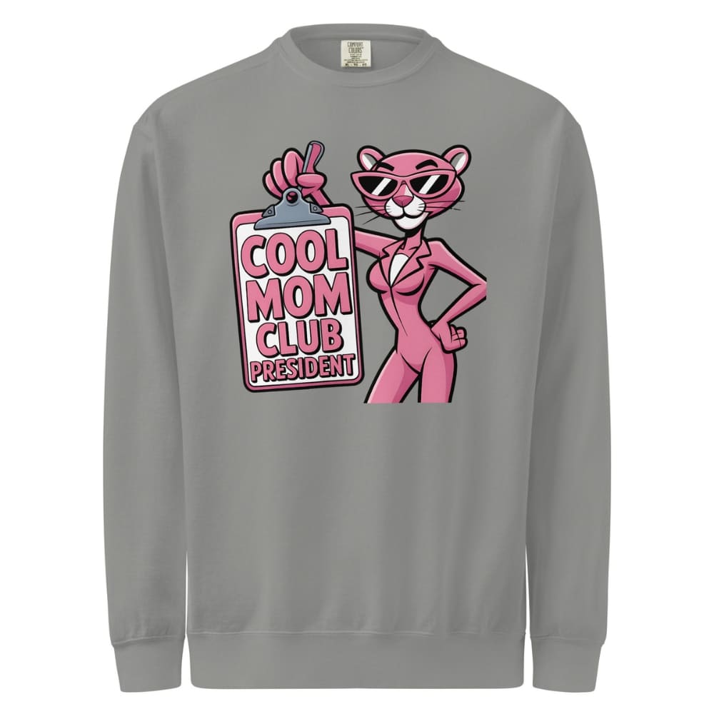 Gray sweatshirt with a pink panther graphic and 'Cool Mom Club President' text on a white background