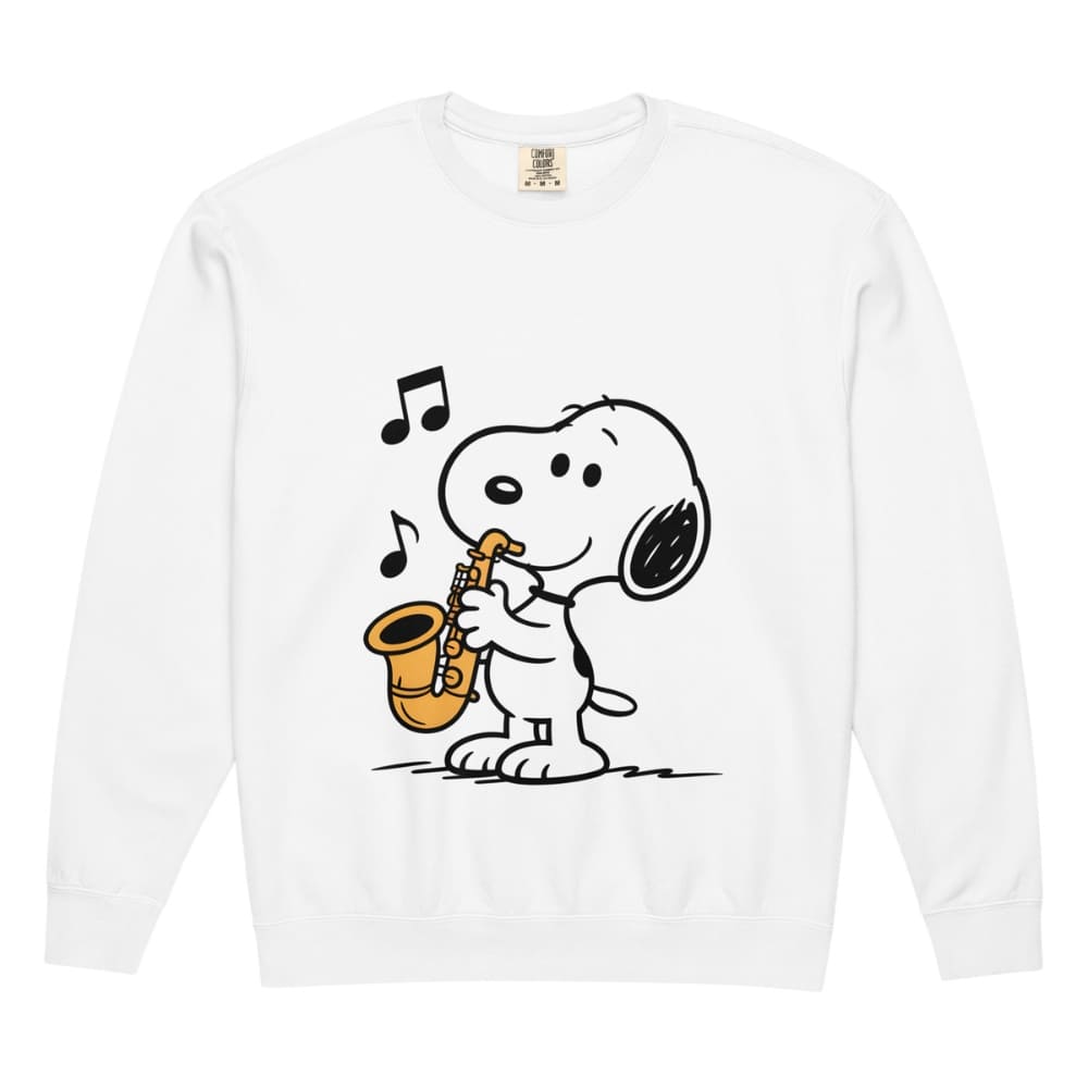 White long-sleeve shirt with a cartoon dog playing a saxophone on a white background