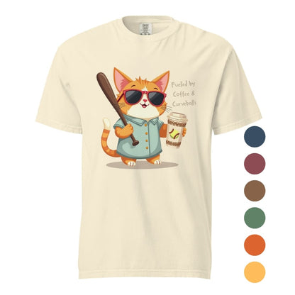 Cool cat with sunglasses holding a softball bat and coffee cup, beside text “Fueled by Coffee & Curveballs” – printed on soft heavyweight t-shirt for sporty moms