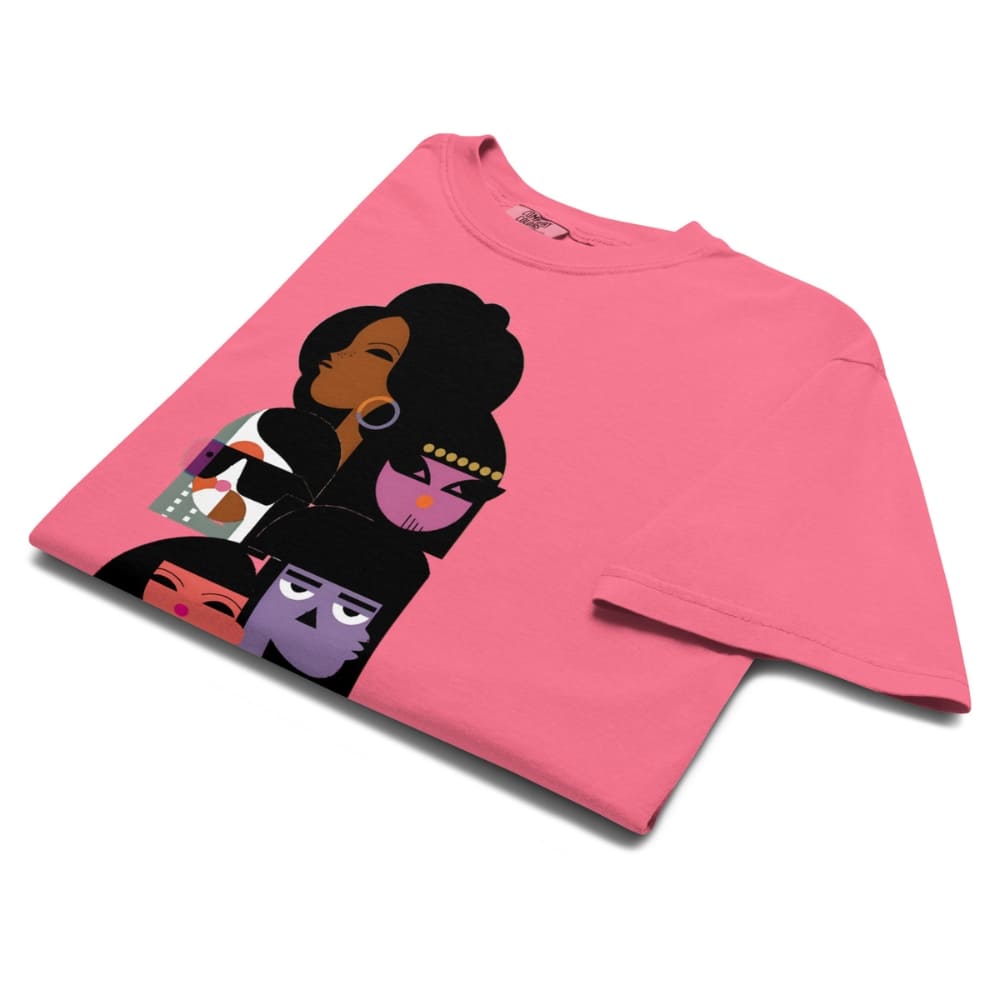 Pink t-shirt with graphic design of a woman and children on a white background