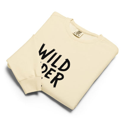 Beige sweatshirt with 'Wild Rider' text on a white background