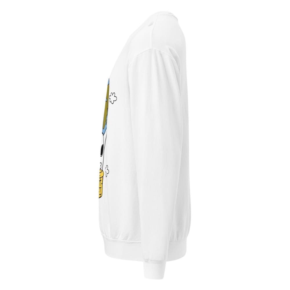 White sweatshirt with cartoon character on sleeve against a white background