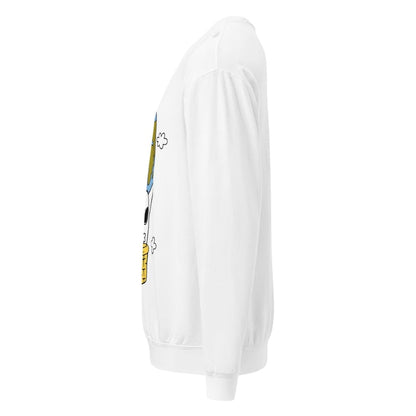 White sweatshirt with cartoon character on sleeve against a white background