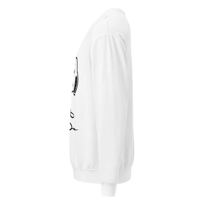 White sweatshirt with black text on sleeve against a white background