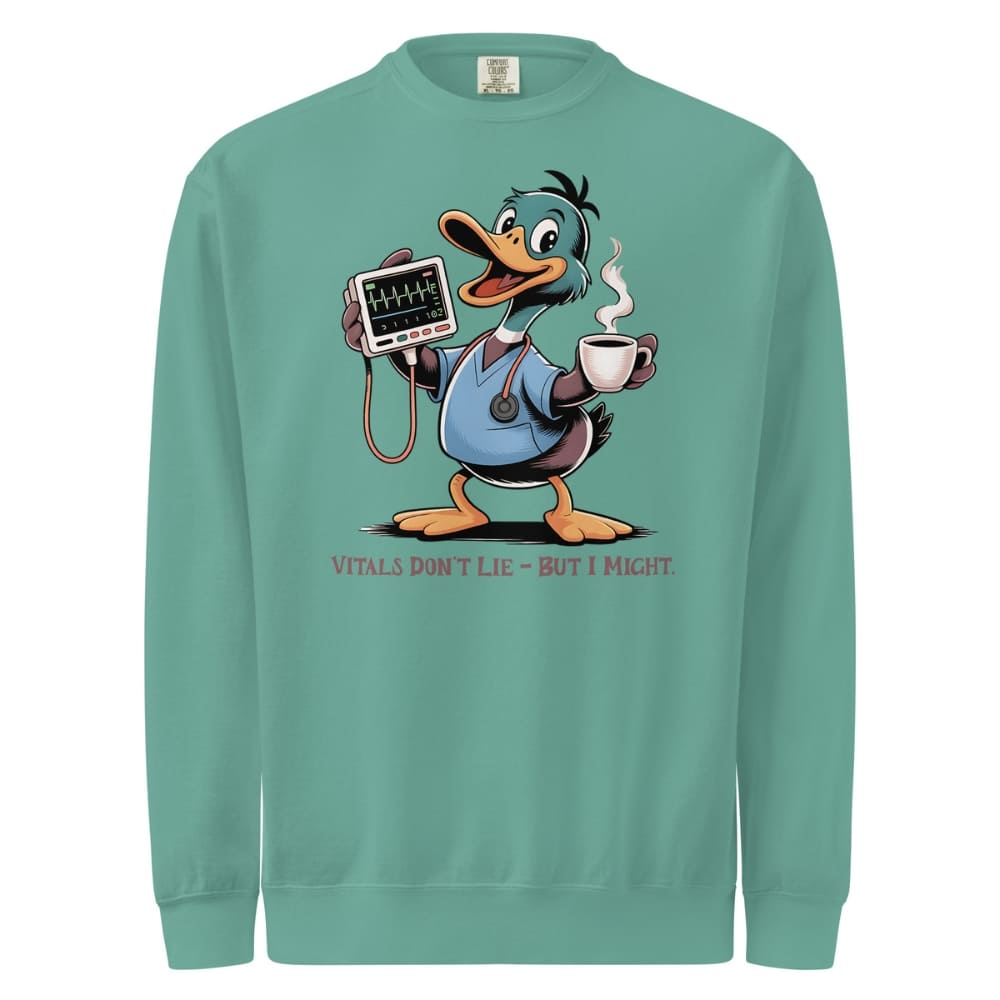 Teal sweatshirt with cartoon duck holding a stethoscope and coffee cup on a white background