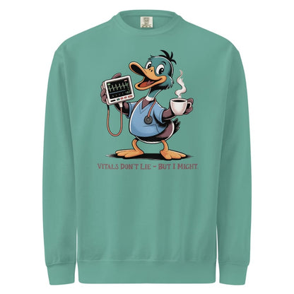Teal sweatshirt with cartoon duck holding a stethoscope and coffee cup on a white background