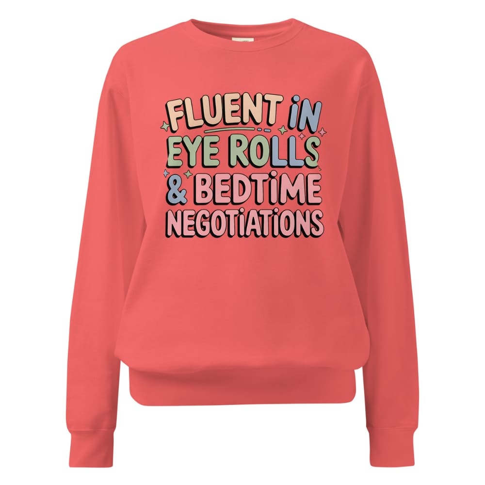 Coral sweatshirt with colorful text on a white background