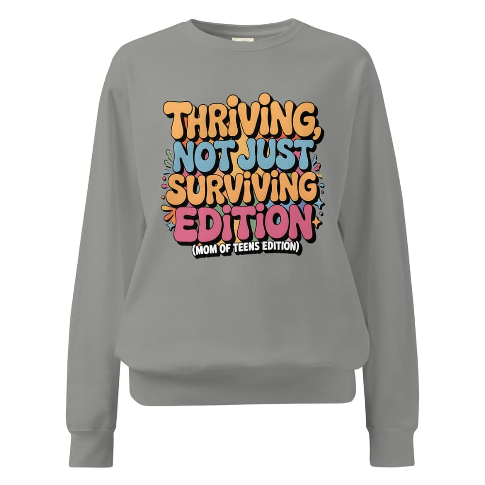 Gray sweatshirt with colorful text design on a white background