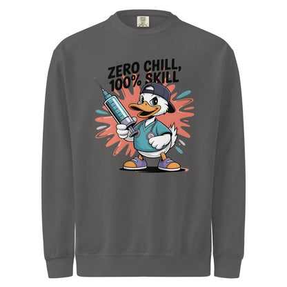Gray sweatshirt with cartoon character holding a syringe and text 'Zero Chill, 100% Skill' on a white background