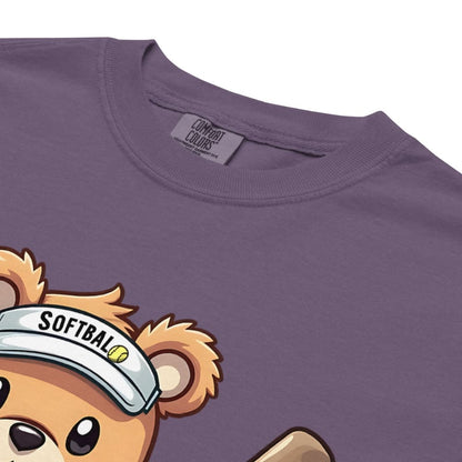 Cartoon bear holding softball bats and ball wearing a visor labeled “Softball” – printed on garment-dyed heavyweight t-shirt for sporty moms