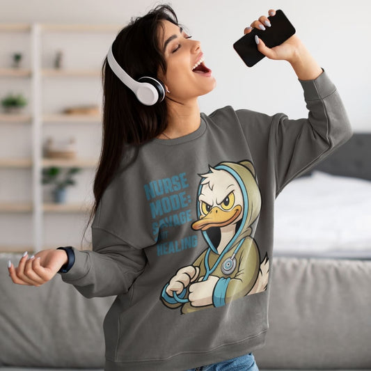 Woman wearing a sweatshirt with a cartoon duck design and text, listening to music.