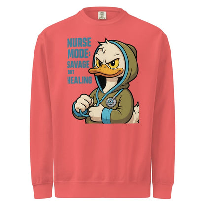 Coral sweatshirt with cartoon duck character and text on a white background