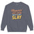 “Mommin' Ain’t Easy But I Slay” retro-style DTG printed design in peach, blue, and yellow on vintage garment-dyed fleece sweatshirt