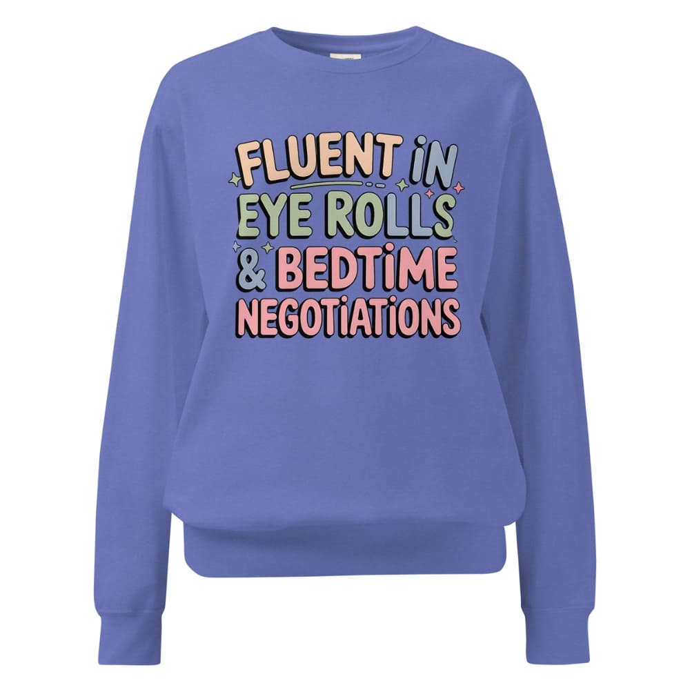 Blue sweatshirt with colorful text on a white background