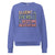 Blue sweatshirt with colorful text on a white background