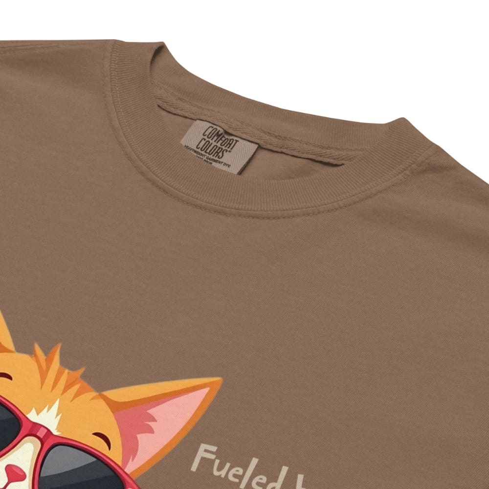 Cool cat with sunglasses holding a softball bat and coffee cup, beside text “Fueled by Coffee & Curveballs” – printed on soft heavyweight t-shirt for sporty moms