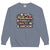 Sweatshirt design with text “Motherhood. Powered by Snacks & Sarcasm.” featuring colorful macarons and a steaming coffee cup on vintage-washed cotton fleece.