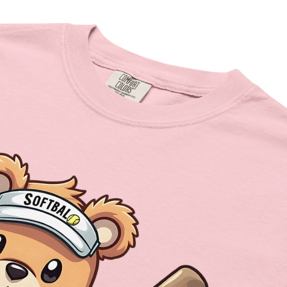 Cartoon bear holding softball bats and ball wearing a visor labeled “Softball” – printed on garment-dyed heavyweight t-shirt for sporty moms
