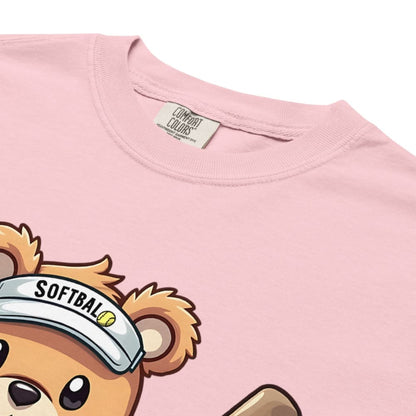 Cartoon bear holding softball bats and ball wearing a visor labeled “Softball” – printed on garment-dyed heavyweight t-shirt for sporty moms