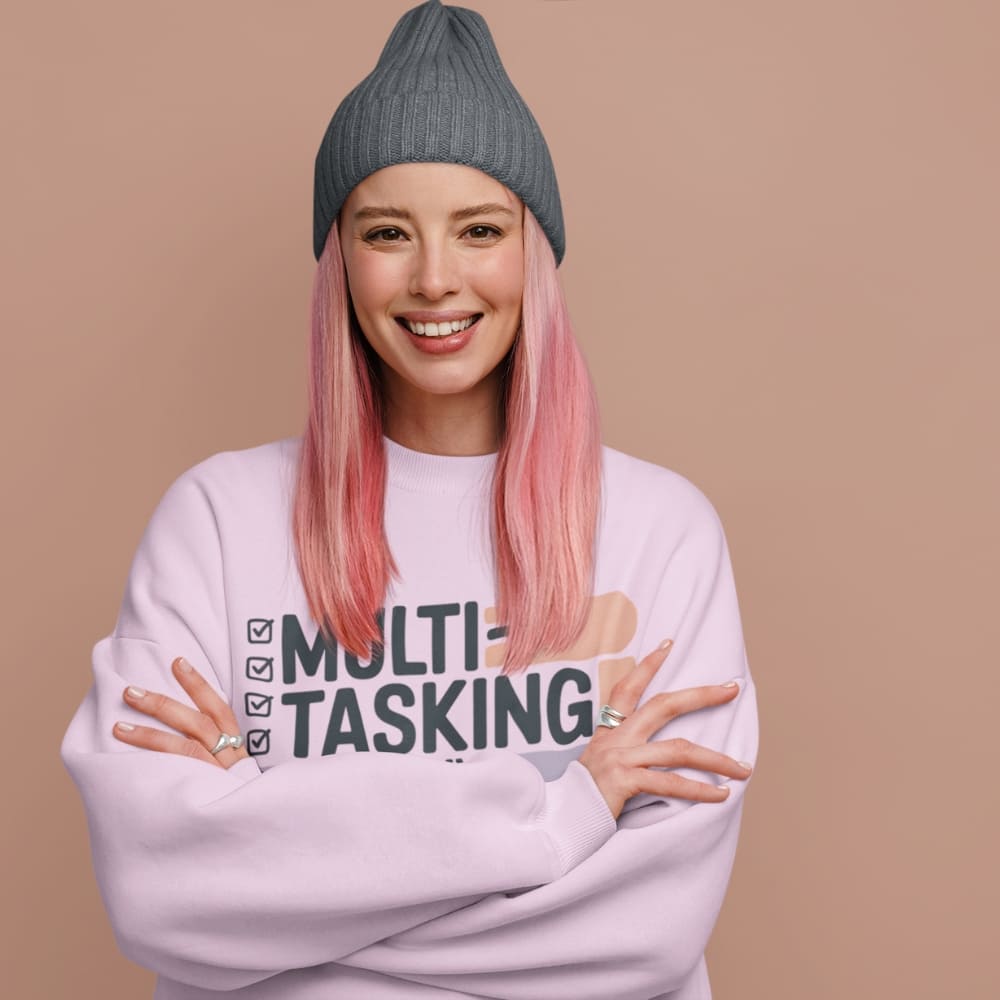 Sweatshirt design with text “Multitasking Is My Love Language” in colorful pastel blocks and checkboxes, printed on vintage-style cotton fleece.