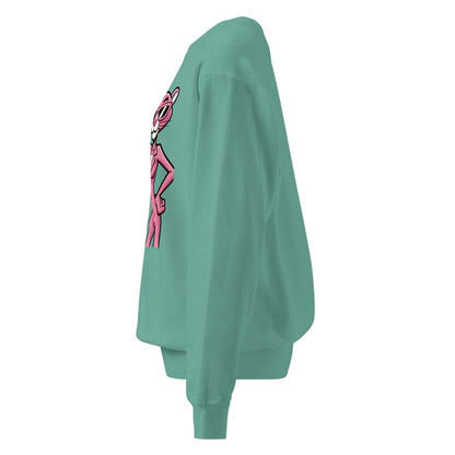 Green sweatshirt with pink graphic on a white background