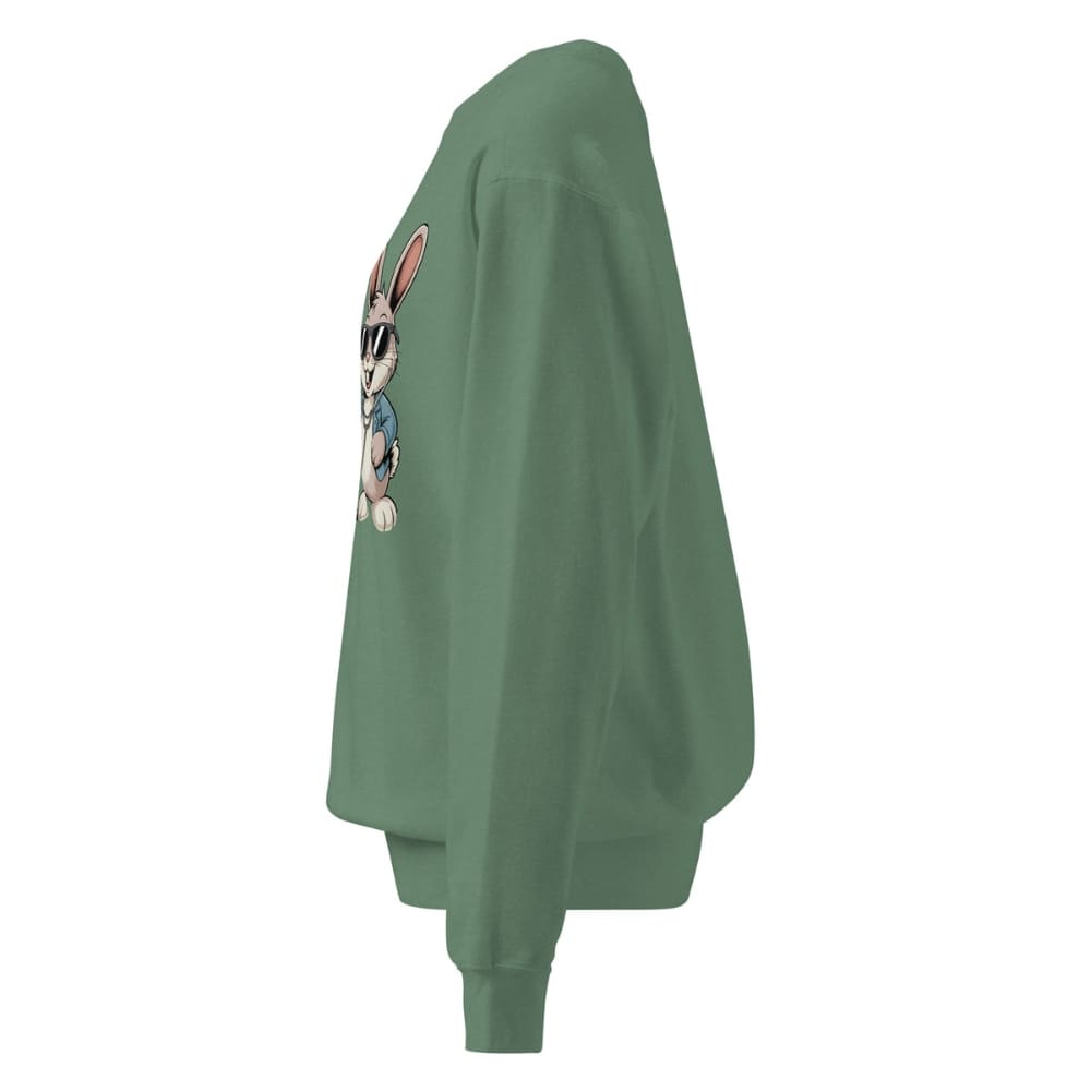 Green sweatshirt with a cartoon character on the sleeve against a white background