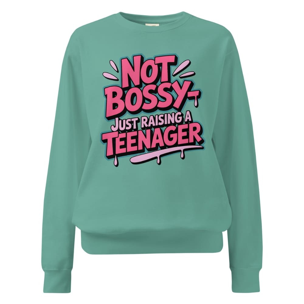 Teal sweatshirt with pink and white text on a white background