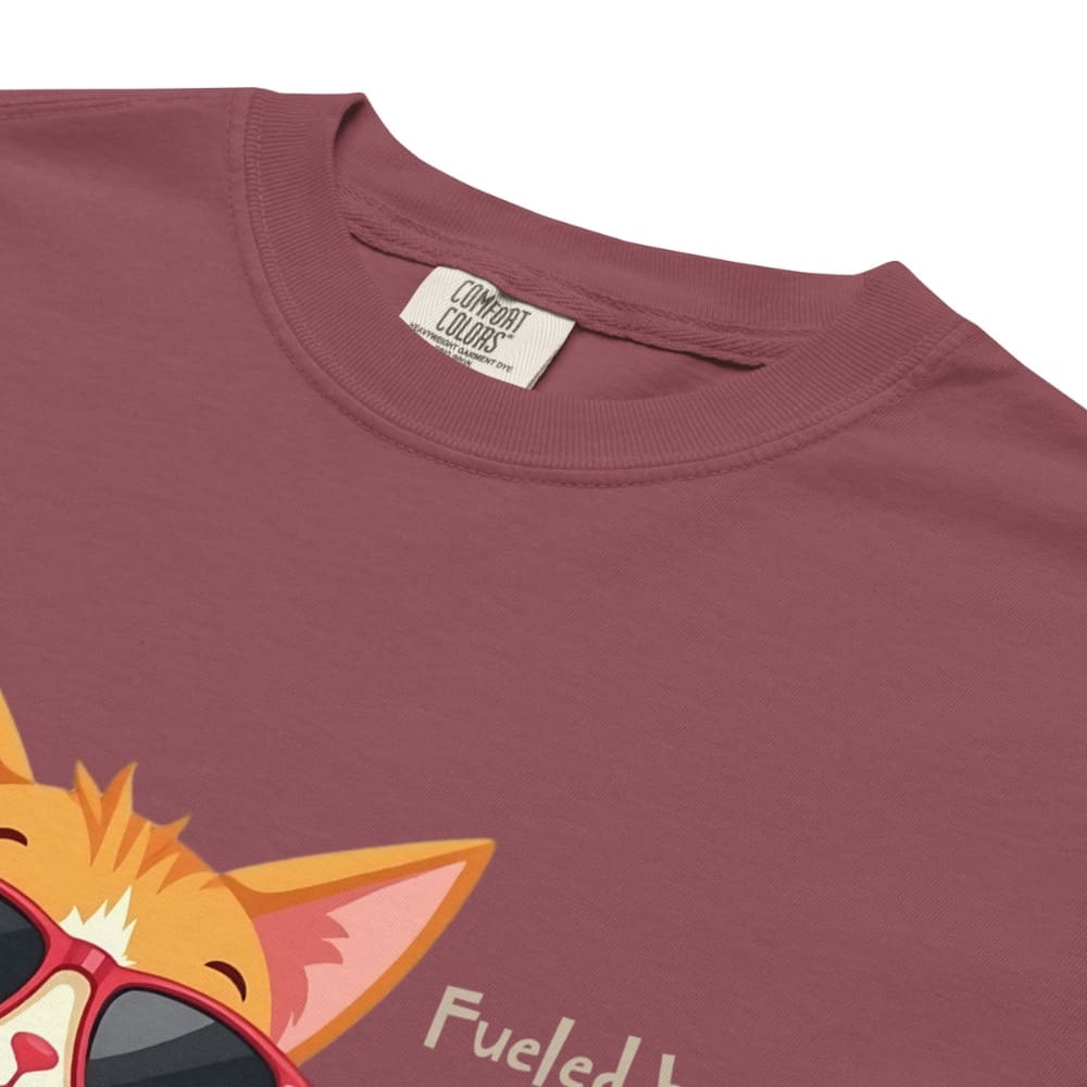 Cool cat with sunglasses holding a softball bat and coffee cup, beside text “Fueled by Coffee & Curveballs” – printed on soft heavyweight t-shirt for sporty moms