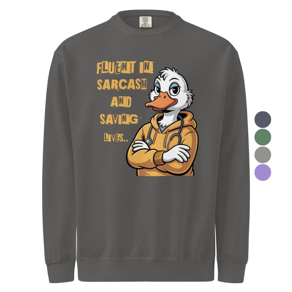Gray sweatshirt with cartoon duck character and text on a white background