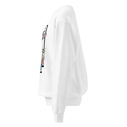 White sweatshirt with colorful graphic on sleeve against a white background