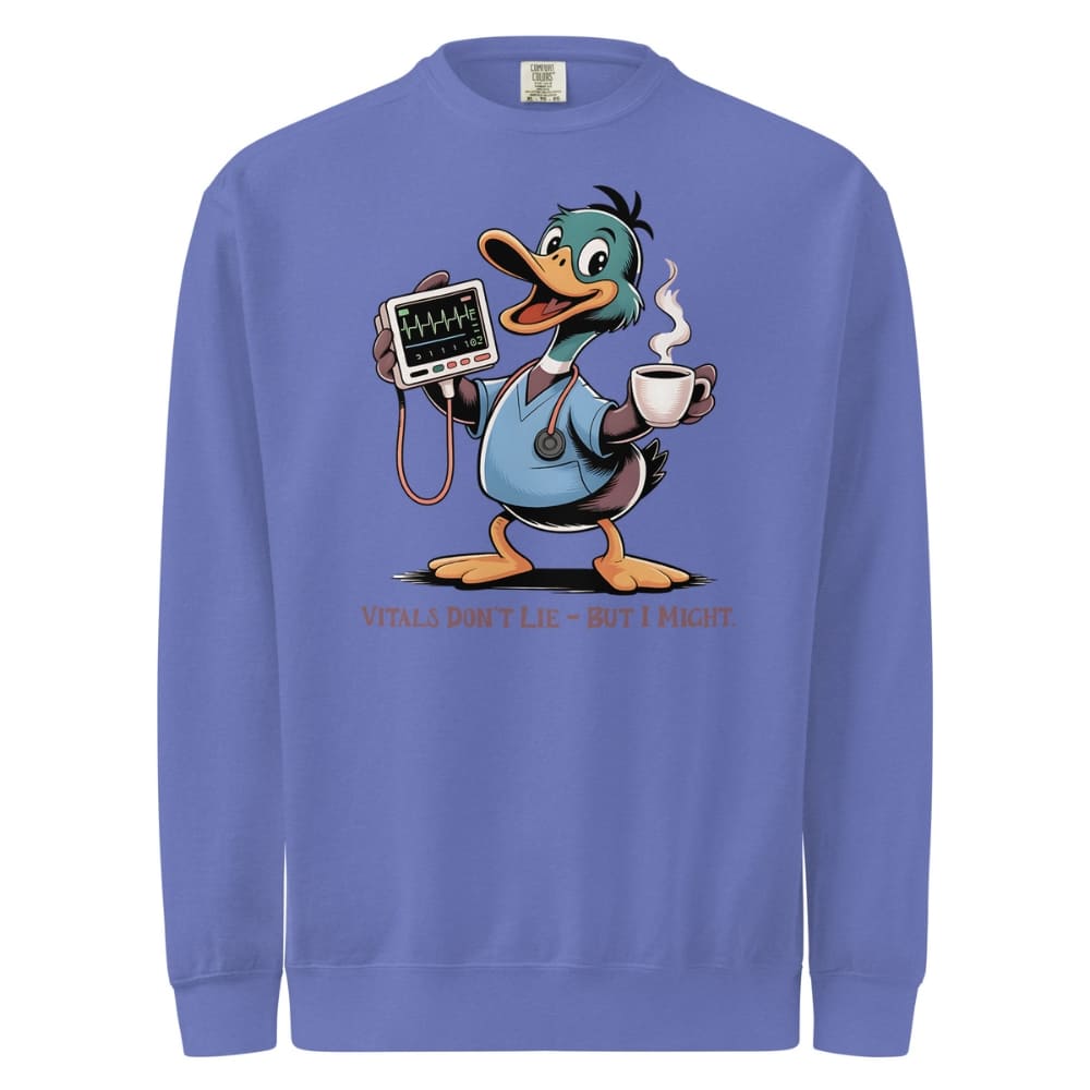 Blue sweatshirt with a cartoon duck character holding a stethoscope and coffee cup on a white background