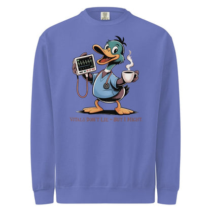 Blue sweatshirt with a cartoon duck character holding a stethoscope and coffee cup on a white background
