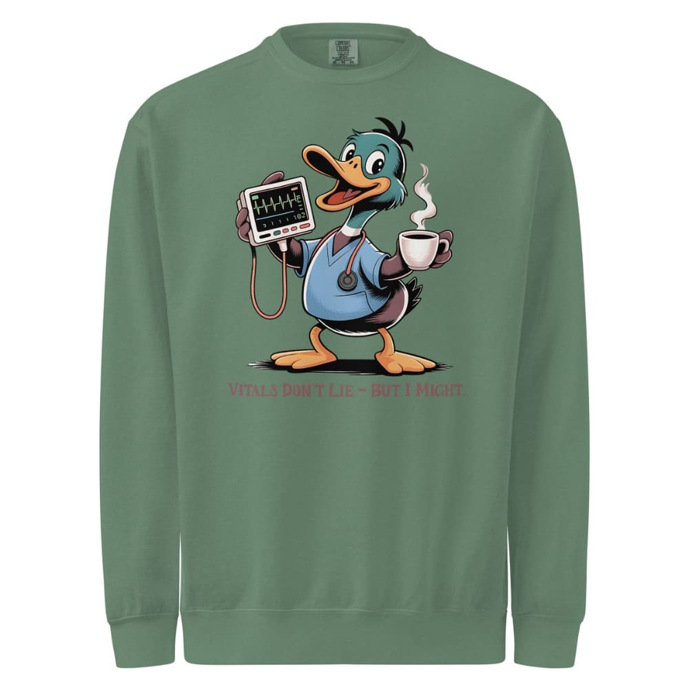 Green sweatshirt with cartoon duck character holding a stethoscope and coffee cup on a white background