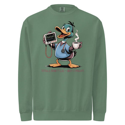 Green sweatshirt with cartoon duck character holding a stethoscope and coffee cup on a white background